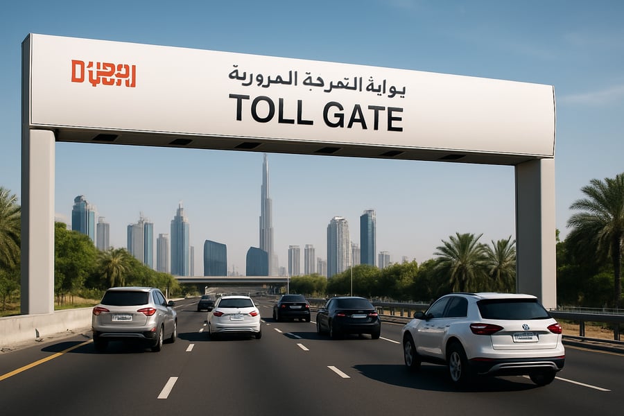 Dubai toll road with cars passing through an automated toll gate