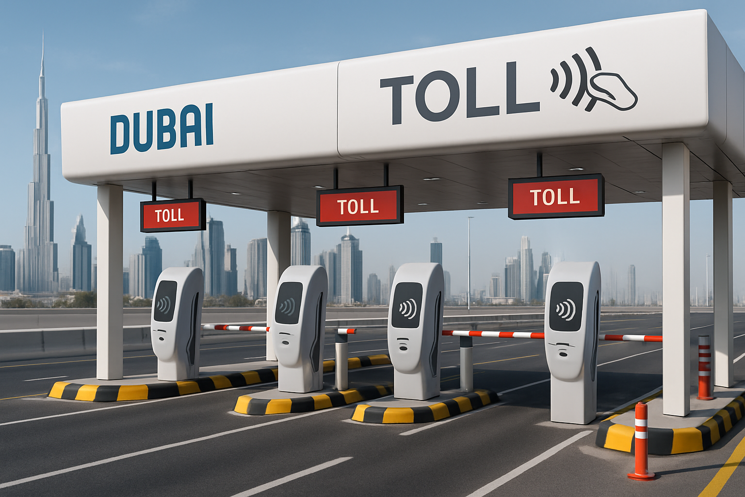 Modern toll gate in Dubai with automated payment sensors