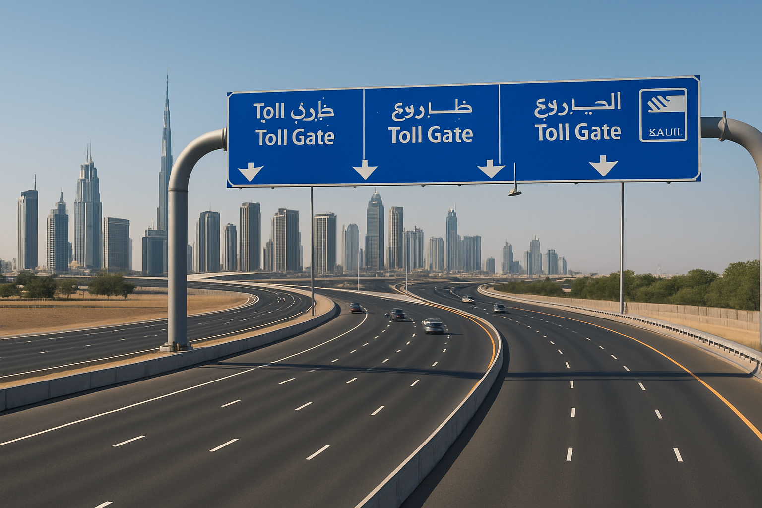Smooth-flowing Dubai highway with toll road signage